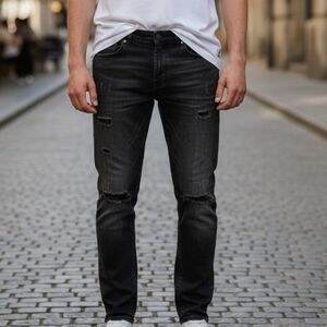 Men's Slim Fit Black Washed Ripped Jeans